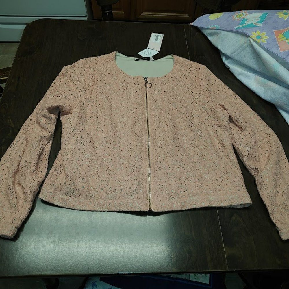 New Just Fab Casual Crochet Bomber Jacket Nude Blush Size women's L